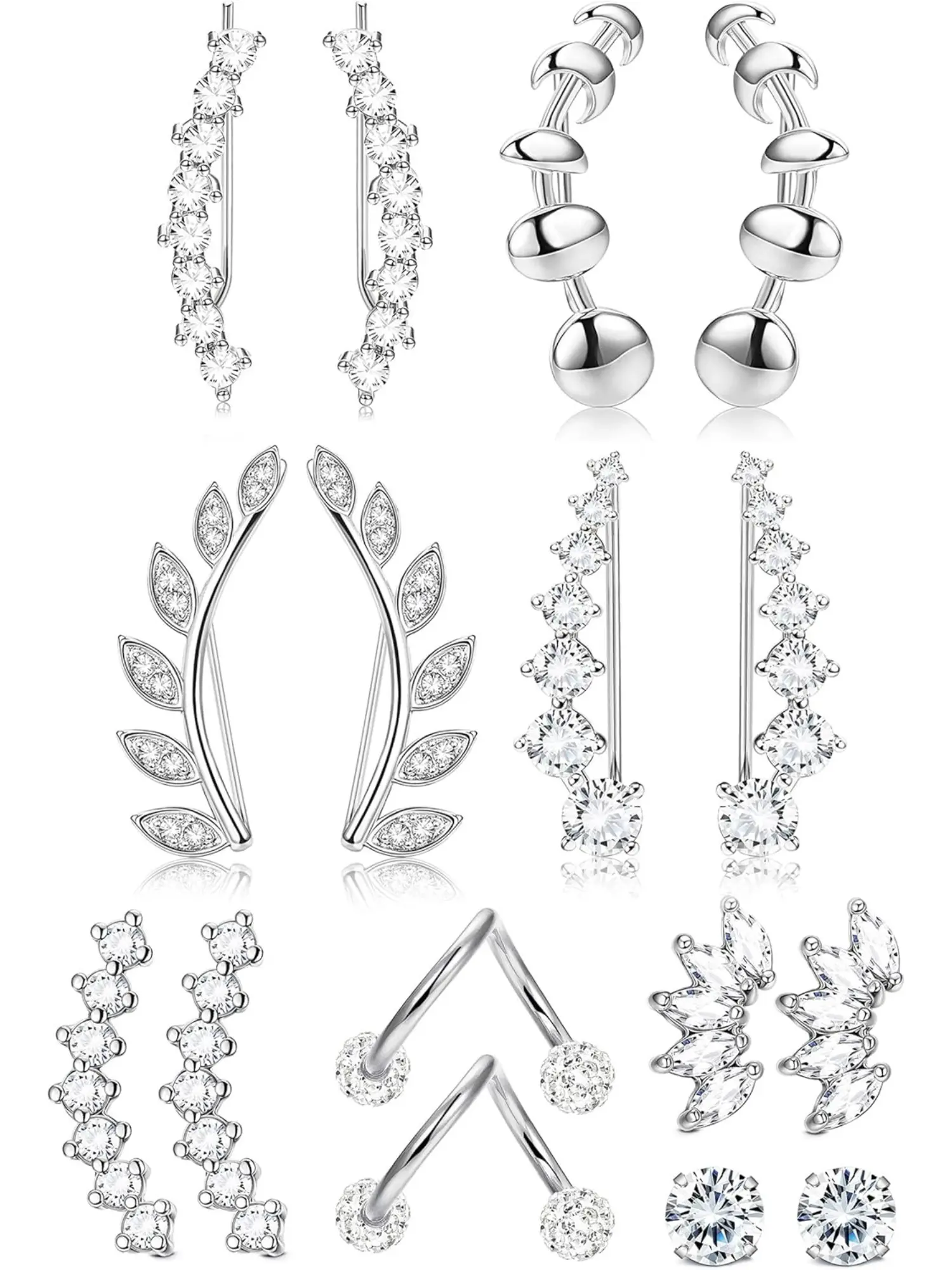 8Pairs Stainless Steel Ear Cartilage Earrings Crystals Ear Cuffs Hoop Climber Hypoallergenic Stud Earrings Ear Crawler Cuff Earring Stud Earring Jewelry Earring Stack Studs Earrings Earring Stacking Set Stud Earring Sets
