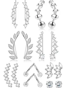 8Pairs Stainless Steel Ear Cartilage Earrings Crystals Ear Cuffs Hoop Climber Hypoallergenic Stud Earrings Ear Crawler Cuff Earring Stud Earring Jewelry