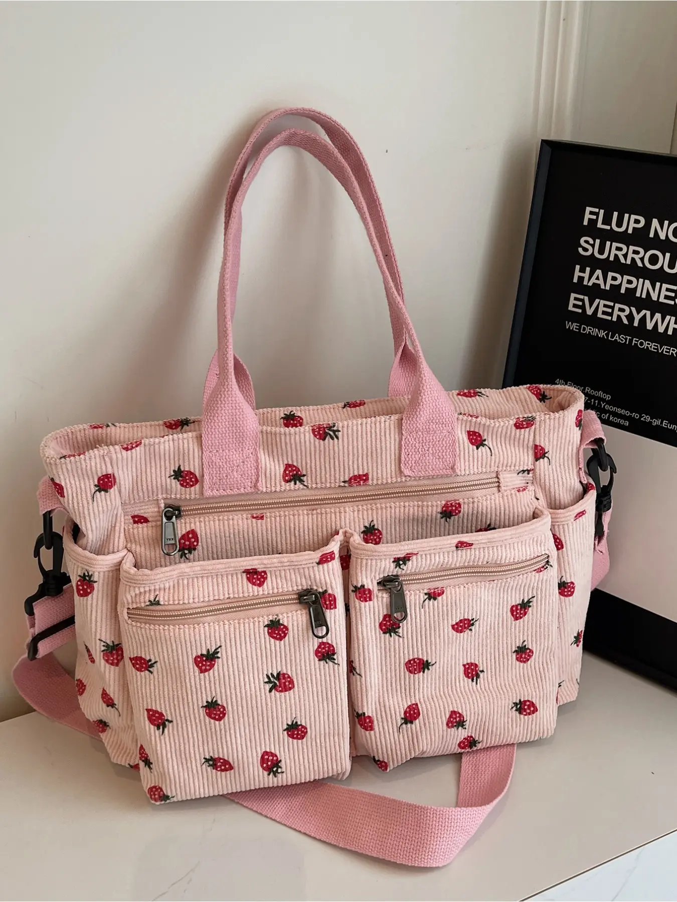 College Student's Strawberry Print Tote Bag for Class Large Capacity, Fits 14-inch Laptop Corduroy Handbag Stylish and Versatile Instagram-Inspired Commuter Crossbody Bag Spring/Summer New Arrival Women's Handbag Fashionable Tote Bag