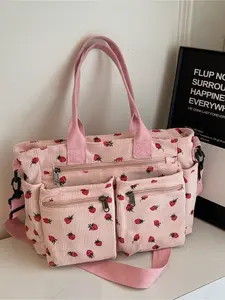 College Student's Strawberry Print Tote Bag for Class Large Capacity, Fits 14-inch Laptop Corduroy Handbag Stylish and Versatile Instagram-Inspired Commuter Crossbody Bag Spring/Summer New Arrival Women's Handbag