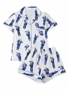 Elegant Figure Print Satin Pajama Set for Women, Button Silky Top & Shorts, Cozy Two-Piece Sleepwear, Stylish Lounge Gift