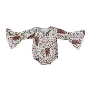 LR0005--western Floral highland cow  long sleeve onesie