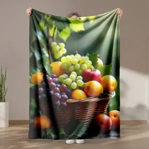 1 piece Fruit Basket Selection of the Harvest Season themed flannel blanket - Oversized comfortable flannel sofa blanket, suitable for beds and sofas, modern geometric pattern design, all-season use, digital printing, 100% polyester material