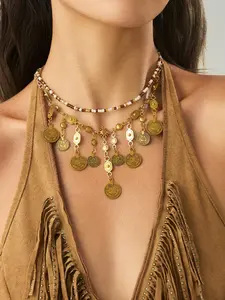 Vintage Exaggerated Metal Coin Tassel Pendant Necklace Set, Multicolor Pearl Beaded Bohemian Ethnic Style Layered Necklace