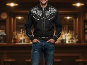 Ace of Diamonds Embroidered Collared Neck Button Up Shirt for Men Long Sleeve Casual Fitted Semi-Sheer Tops