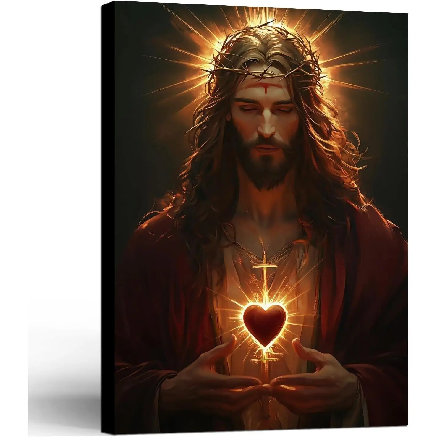 12x16 in Traditional Light Jesus Sacred Heart Framed Canvas Wall Art - Christian Religion Print, Wooden Frame, Ready to Hang for Bedroom, Kid Room, Church Wall Decor, Wardrobe Home Supplies Posters & Prints, Christianity