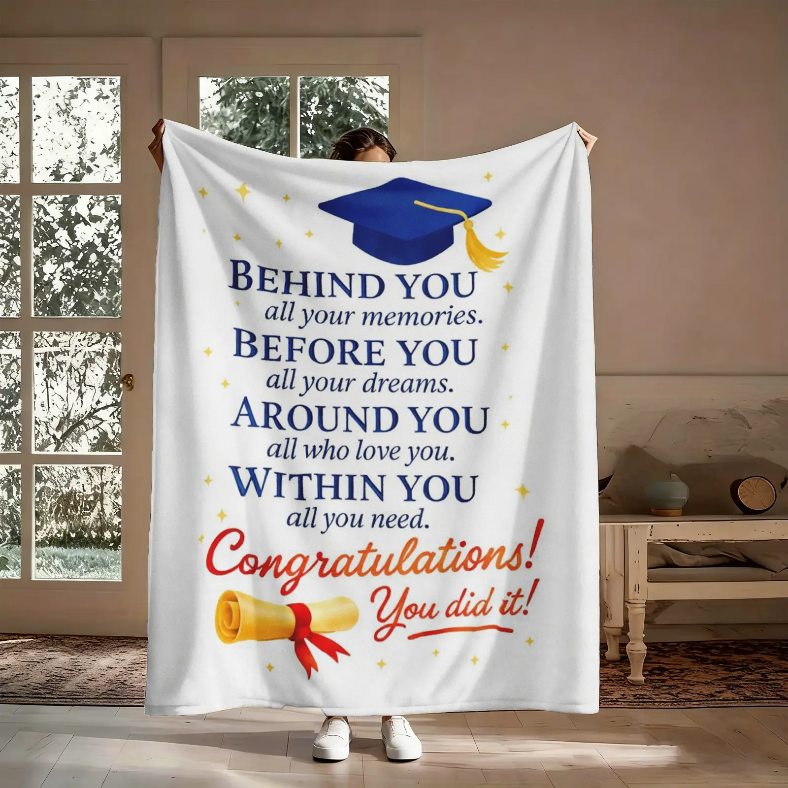 Graduation Flannel Throw Blanket - Wrinkle-Resistant, Fade-Resistant, Durable Fabric, Sentimental Graduation Text Print, Cap-Diploma-Star Pattern, Soft Warm, Multi-Size, Adult Dorm Bed Use, Senior Congrats Gift