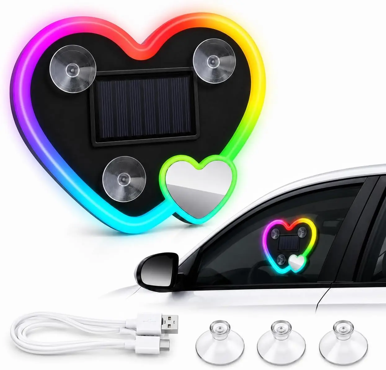 Heart-Shaped Car LED Window Decorative Light - Solar & Type-C Powered, Romantic Double-Heart Design, for Indoor Use