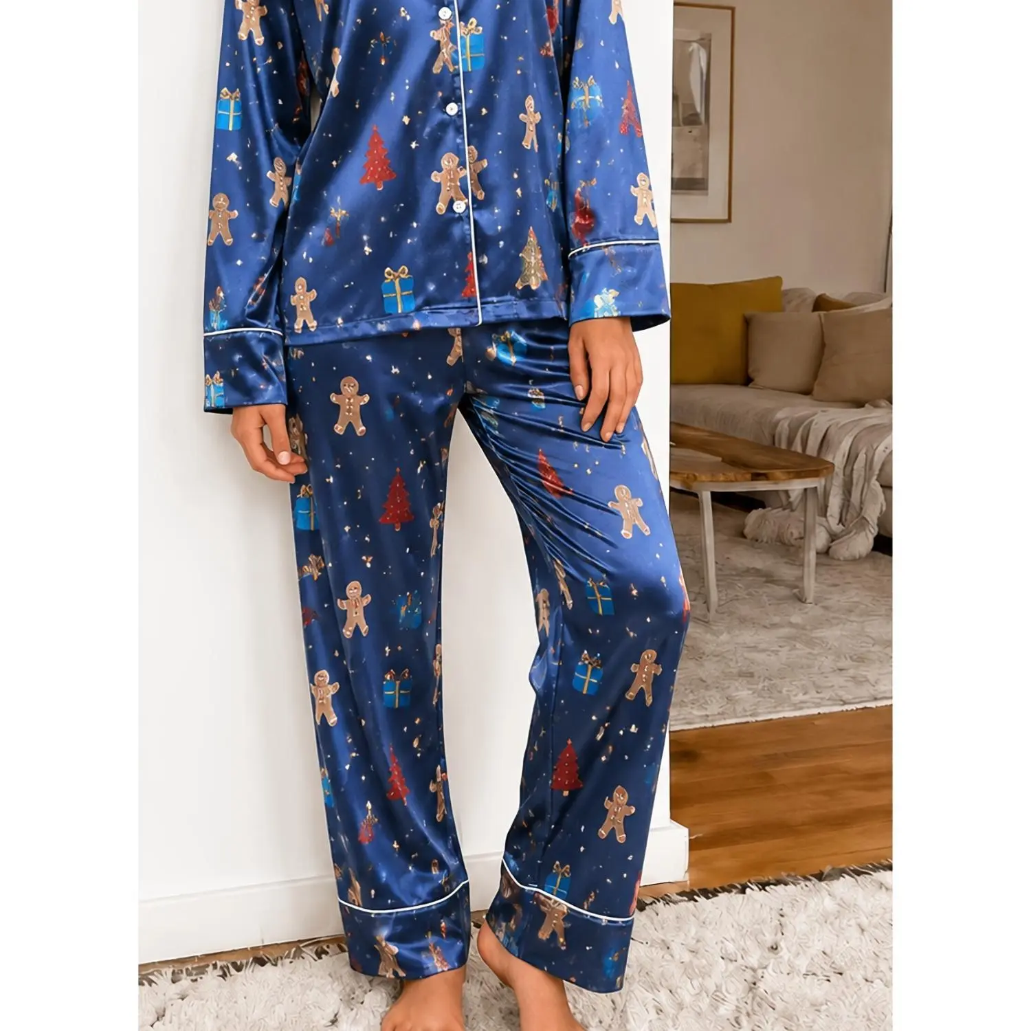 Women's Christmas Pajama Set Gingerbread Print Long Sleeve Button-Up Top and Pants Holiday Sleepwear