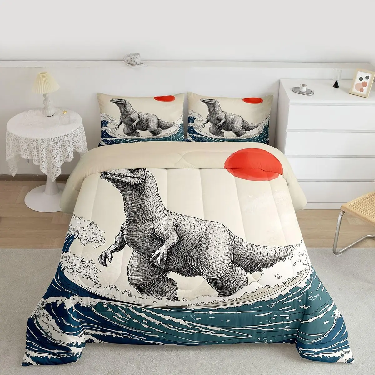 Dinosaur Monster Bedding Set Japanese Ukiyoe Theme Comforter Set for Adult Kids Boys Girls Cool Animal Duvet Set Asian Anime Quilt Set