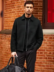 Men's Casual Jacket, Zipper Closure, Collar Design, Lightweight Business Style Faux Suede Coat, Durable Fabric