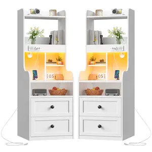 Tall Nightstand with Charging Station & LED Lights, 2 Wood Drawers, 20 Colorful RGB Light Remote Control, USB Ports & AC Outlet, Cabinet with Storage Shelves for Entryway, Bedroom, Living Room, Stury Room