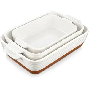 Casserole Dishes for Oven, Ceramic Baking Dishes Set of 3, Rectangular Deep Lasagna Pan with Handles for Baking, Khaki White (14.5''/13''/10.5''), Series TARA