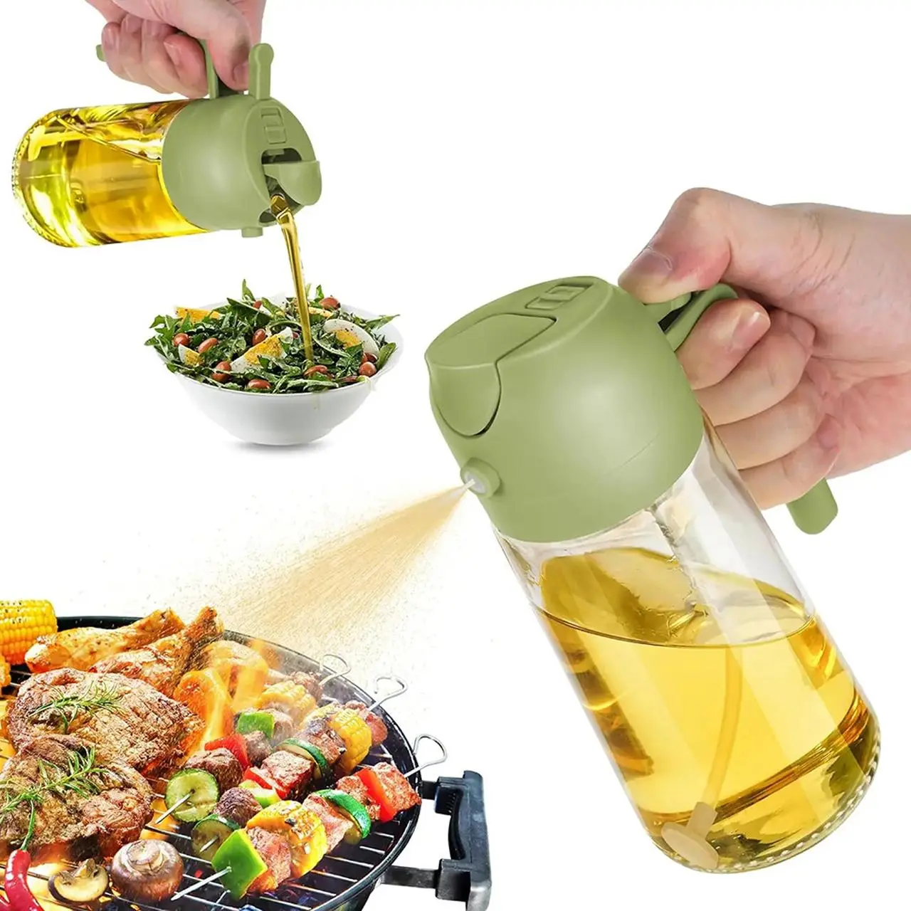 2 in 1 Oil Dispenser Bottle, Glass Olive Oil Dispenser Bottle with Spray, Leak-proof Oil Container, Kitchen Seasoning and Vinegar Dispenser, Cooking Oil Container, Utensils