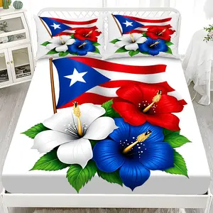 Bed Sheet Set - 3PCS 2D Flat Puerto Rico Three-Color Floral Pattern Mattress Protector Set (1*fitted sheet + 2*pillowcases, no filling), comfortable bed linen, skin-friendly and breathable bed cover bedding, suitable for bedrooms and guest rooms.