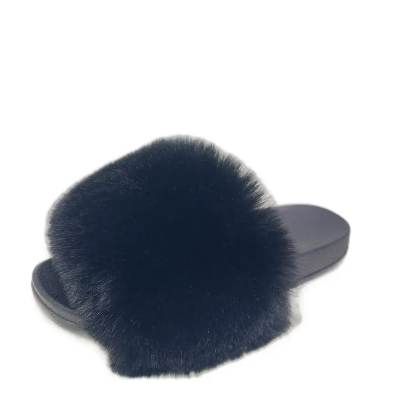 Women's Fluffy Faux Fur Round Toe Slide Slip-On Slippers - 285 Midnight Fluff, Anti-Slip Sole, Cotton Interior, Chic Studded Design, Soft Walking Shoes for Casual Use, Style, Rubber, Fur Slides
