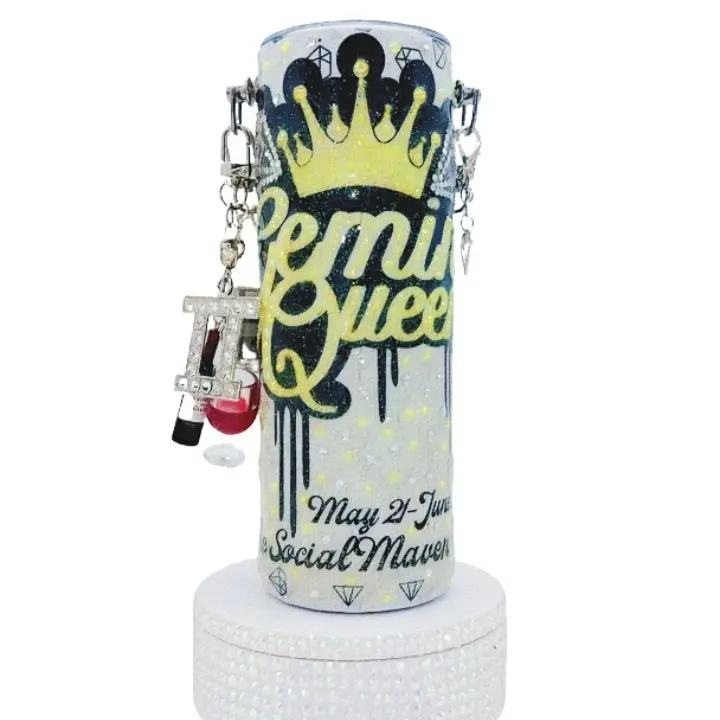 Unique Handmade Gemini Zodiac Sign Rhinestone Tumbler with a Carrying Chain and Charms