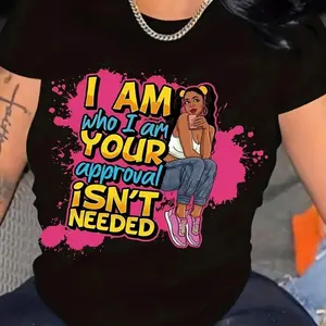 Women's Summer Crew Neck T-Shirt with Letter and Portrait Print - Short Sleeve Casual Polyester Top