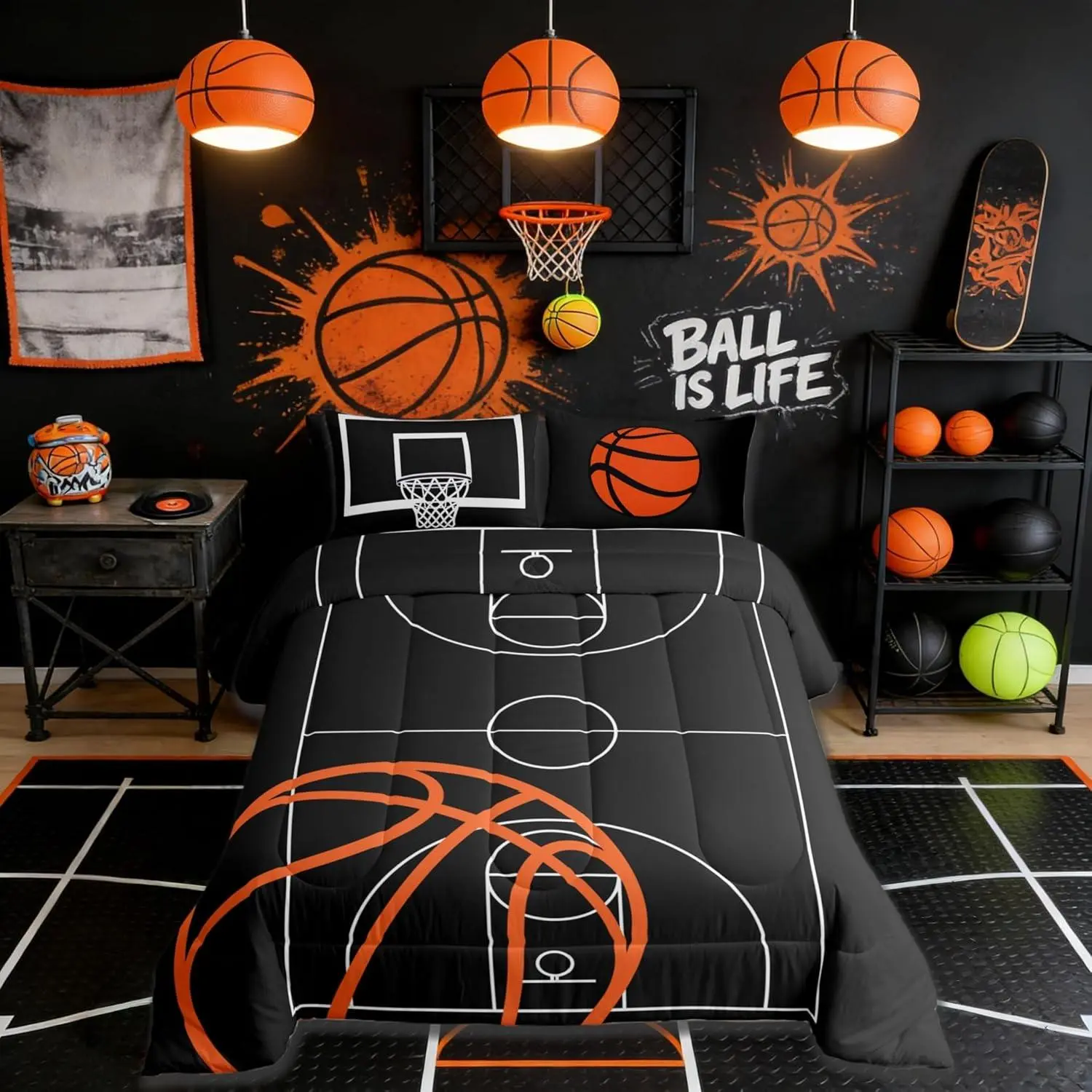 Feelyou Multi-Size Polyester Fiber Basketball Court Print Comforter Set - Skin Friendly Soft Cozy Bed Blanket, All-Season U-Stitching Quilt for Kids Boys, Orange Basketball & Hoop Design, Travel Ready, Skin Friendly Blanket, Soft Bed Blanket