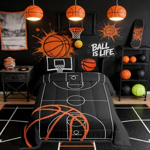 Basketball Court Print Comforter Set,Kids Boys,Ball Sports Games Themed All Season Cozy Bedding Set,Orange Basketball and Hoop Quilt Set