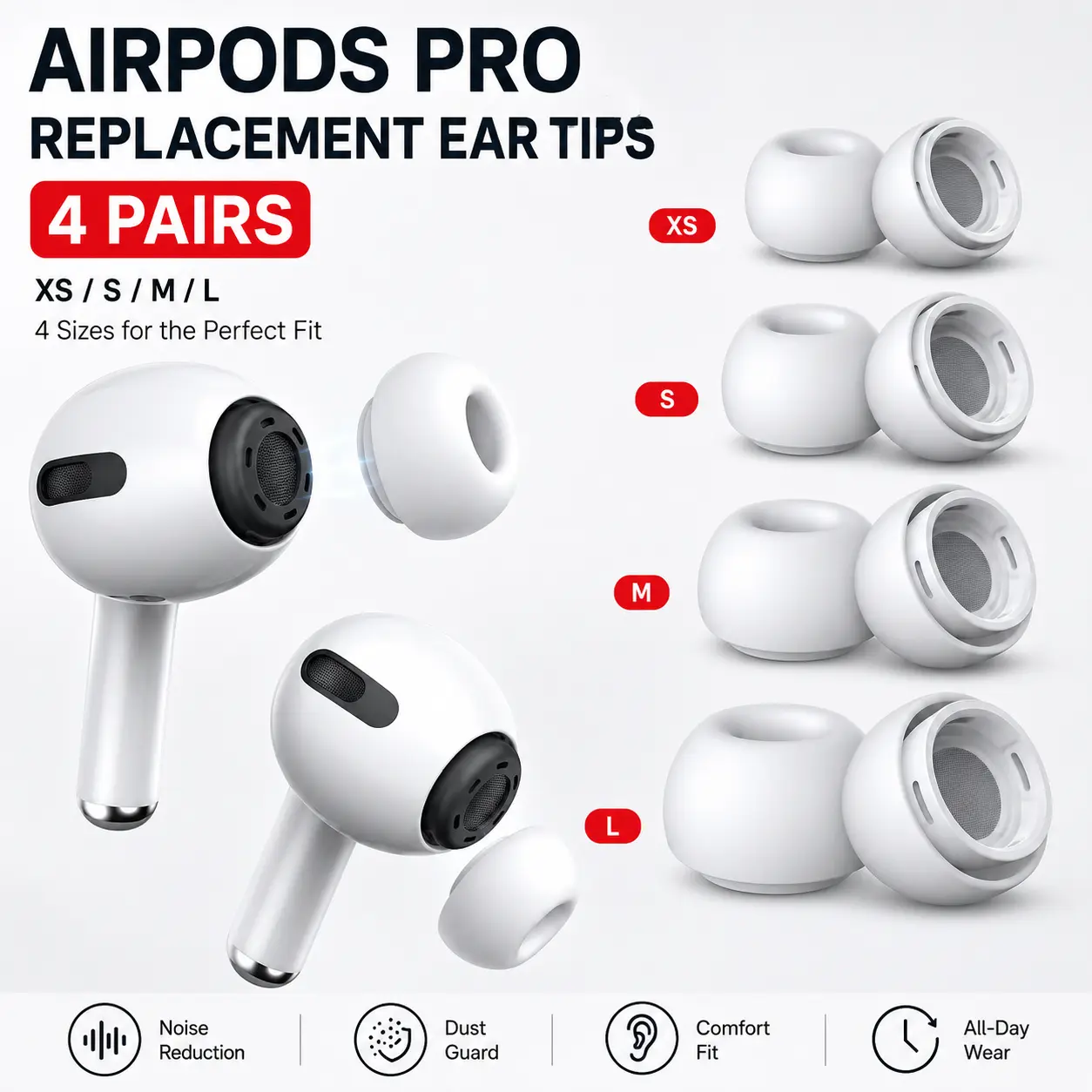 Replacement Ear Tips Compatible with AirPods Pro 1st/2nd Generation, 4 Pairs Silicone Earbuds Tips, XS/S/M/L Full Size Set with Noise Reduction Hole, Dust Guard Screen & Storage Box
