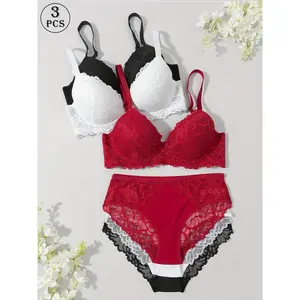 3 Sets of Lace Bra Sets, Breathable and Comfortable, Non-Removable Chest Pads, Adjustable Shoulder Straps, Women’s Sexy Underwear Briefs