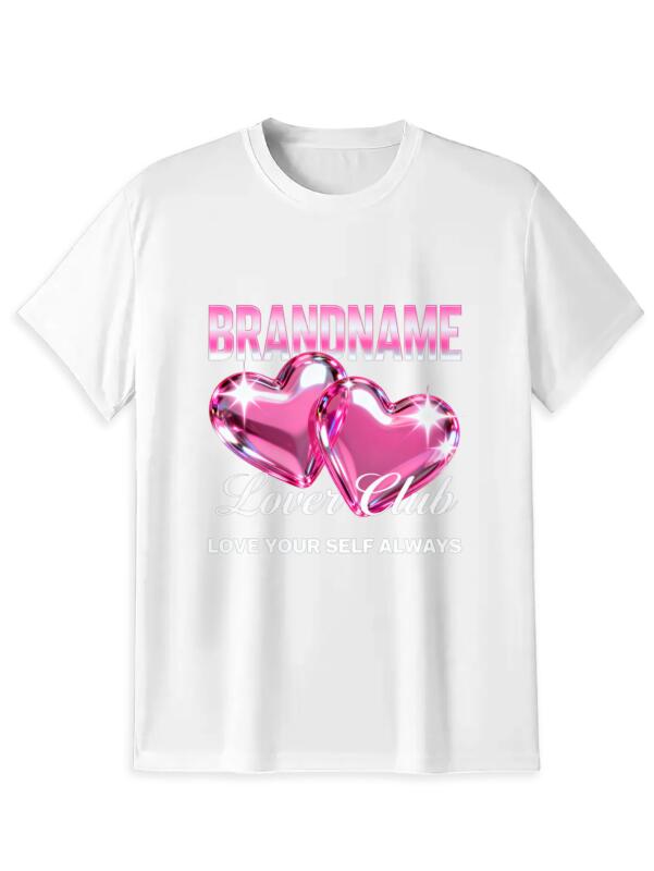 Unisex 100% Cotton "Lover Club" Double Heart Graphic T-Shirt, Y2K Pink Gem Heart Tee, Cute Self Love Aesthetic Short Sleeve Top for Men & Women, Trendy Streetwear