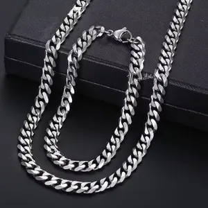 Stainless Steel Cuban Curb Chain Necklace & Bracelet Set for Men & Women - Black & Gold Punk Jewelry, Classic Unisex Design, 20inch/24inch/9mm Length