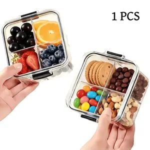 Portable Square Storage Box with Lid, Round Corners,Leak-proof and spill-proof, 4 Compartment, 460ML Capacity, Reusable Snack Containers, Used for storing snacks and fruits, suitable for use at school, camping, office, and other places.