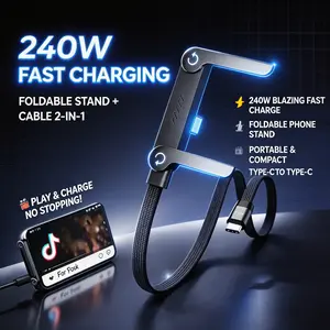 Invisible Stand Type-C Charger Cable, 240W Super Fast Charging 2-in-1 Cord for Electronic Mobile Smartphone Cellphone Devices, Gaming & Car Travel Phone Holder - Black