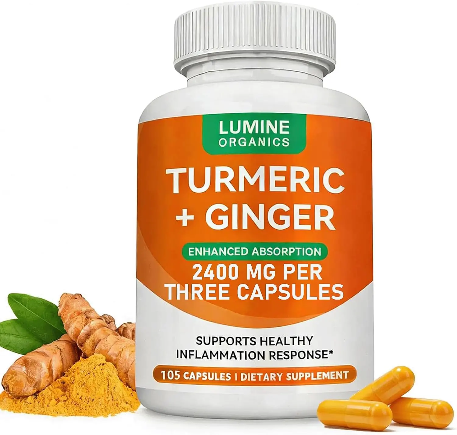Lumine Organics Turmeric + Ginger Supplement - 2400mg Enhanced Absorption Formula, Supports Joint Comfort & Antioxidant Wellness, 105 Capsules