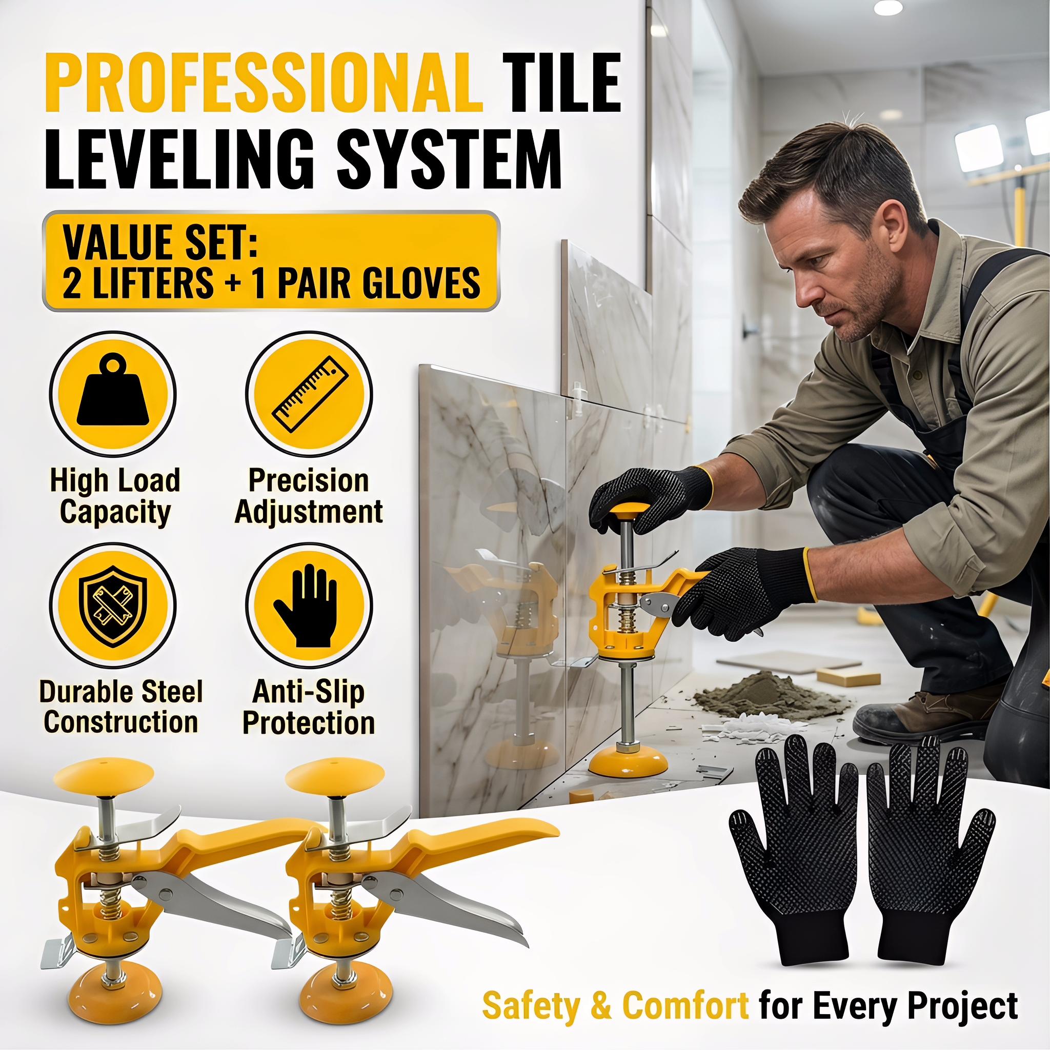 2Pcs Professional Tile Leveling System – Adjustable Height Lifting Tool for Wall & Floor Tiles – Easy Installation for DIY Home Renovation, Bathroom, Kitchen, Patio, Walkway & Floor Leveling