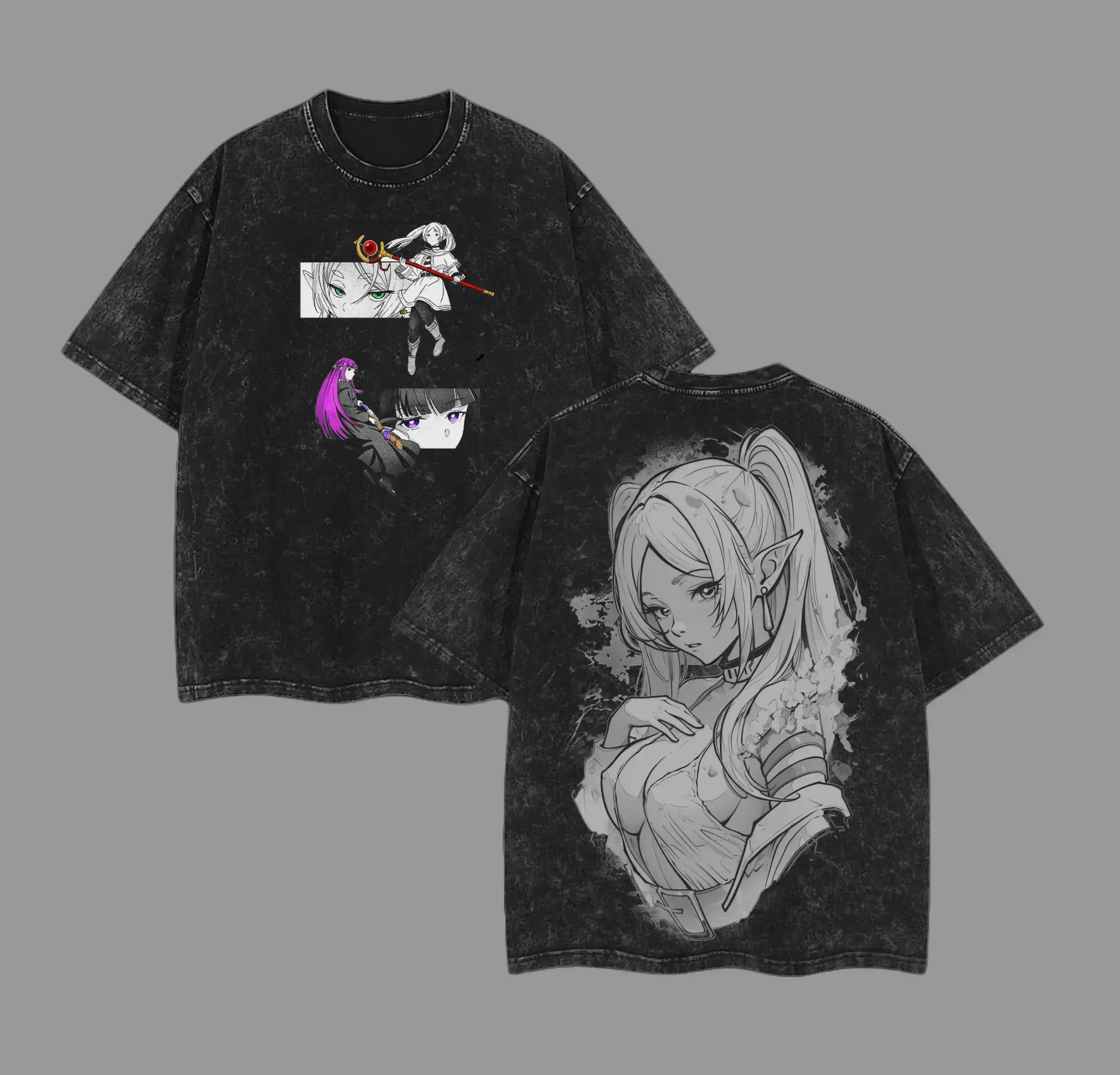 Heavy Cotton Vintage Acid Washed Oversized T-Shirt, Front Multi Panel Elf Character Snippets Back Large Twin Tail Elf Lady Sketch Double Sided Print, Loose Drop Shoulder Unisex Crewneck Tee, Retro Manga Grunge Streetwear Casual Top, Ideal Anime Fan dark