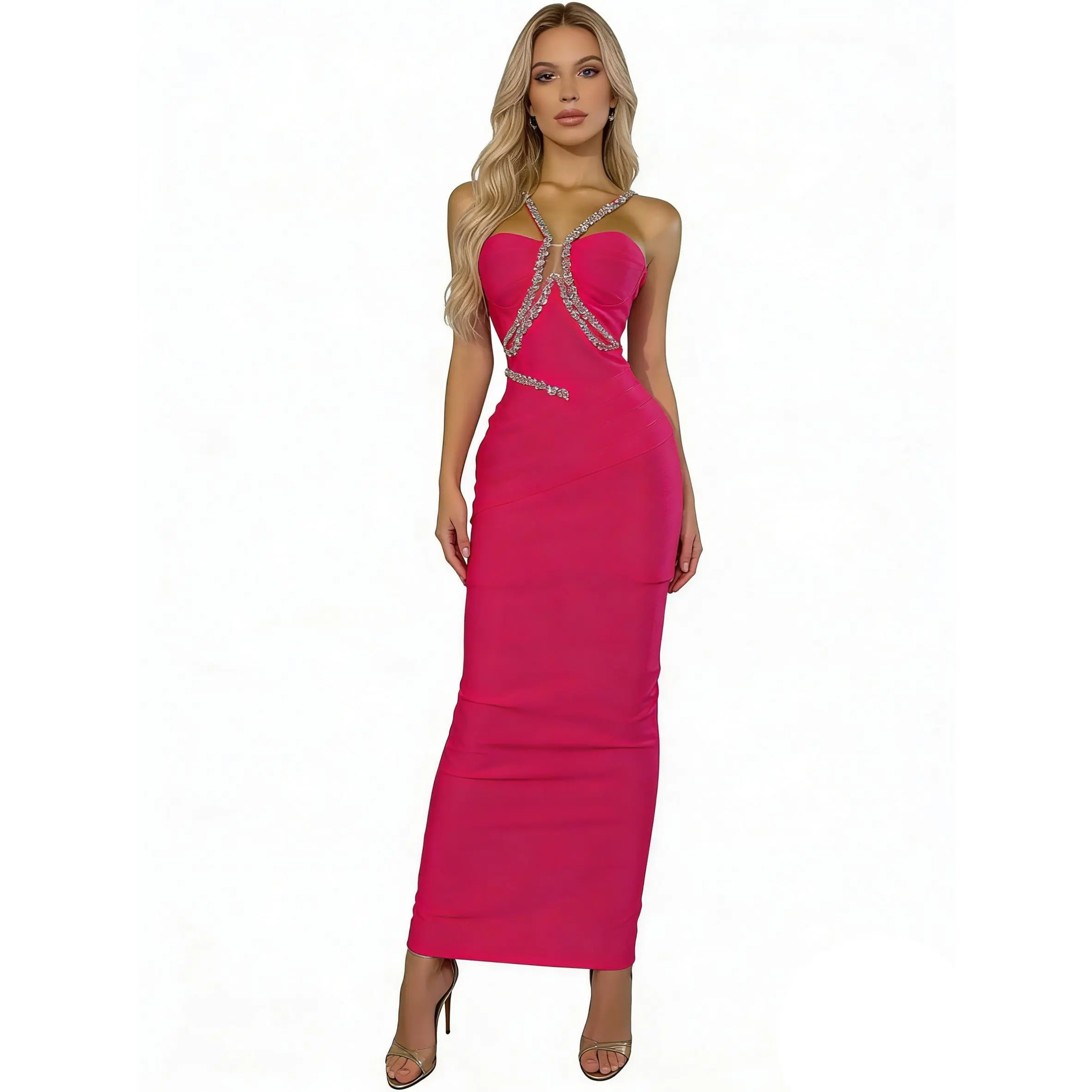 Women's Bodycon Maxi Dress in Fuchsia Bandage Fabric, Strappy Gown with Crisscross Rhinestone Detail and Sculpting Fit for Evening Parties, Formal, Silver, Statement, Sparkle, Criss Cross, Formal Wear, Cocktail, Elegant, Metallic, Straps, Rhinestones, Sle