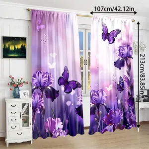 2pcs dreamy purple butterfly printed semi transparent curtains, hanging in polyester material pole bags, suitable for living rooms, bedrooms, and home decoration - hand washable, hook free