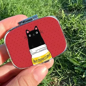 Kawaii Style Polka Dot Antidepressan Pill Case, Compact Lightweight Metallic Frame with Mirror & 2 Compartments, Ideal for Cats & Mental Health, Medical Organizer