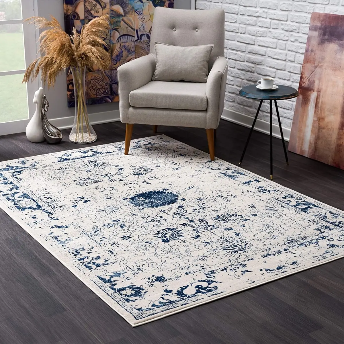 360 stand High-Pile Indoor Scatter Area Rug, 2x3 ft, Distressed Weave Floral Print, Modern Navy Blue, Luxurious Texture, Modern Design, for Home House Decor, Room Decor, Home Decor Rugs, 2' X 3'