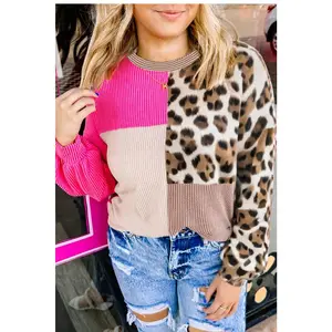 Rose Red Twisted Ribbed Colorblock Leopard Patchwork Plus Size Top