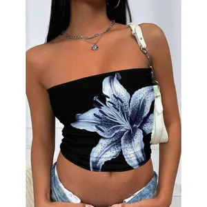 Y2K Casual Vacation Lily Floral Print Bandeau Tube Top