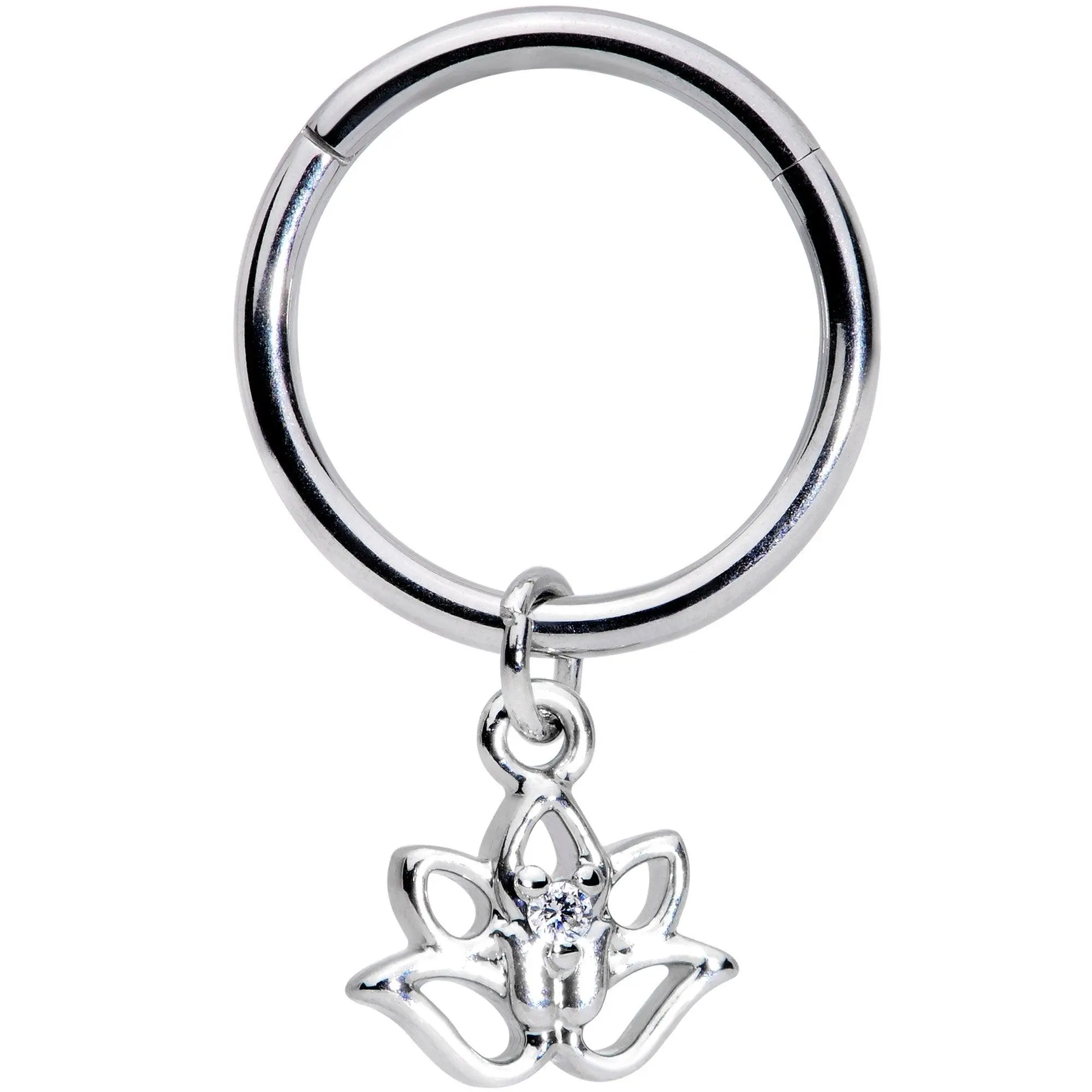 16G 3/8 Clear CZ Gem Lotus Flower Dangle Hinged Segment Ring