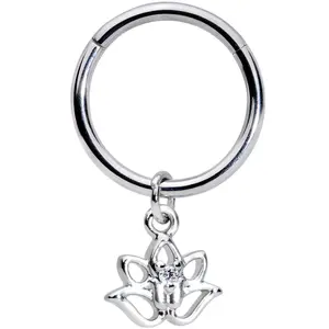 16G 3/8 Clear CZ Gem Lotus Flower Dangle Hinged Segment Ring