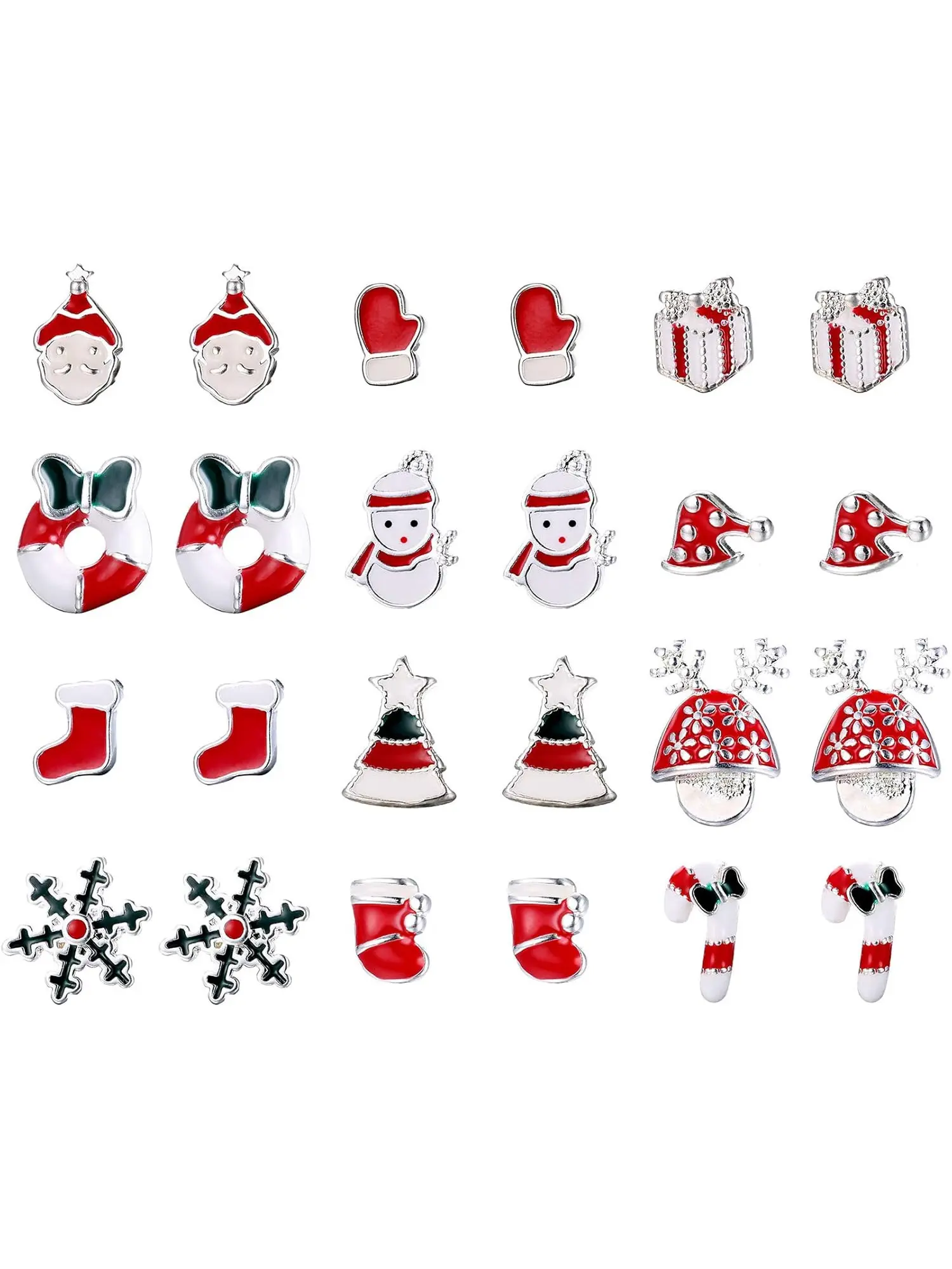 12Pairs Stainless Steel Christmas Tiny Stud Earring for Women Girls Kids Earring Cute Festive Holiday Santa Snowflake Snowman Candy Cane Set Gift Piercing Ear Stud Earring Jewelry