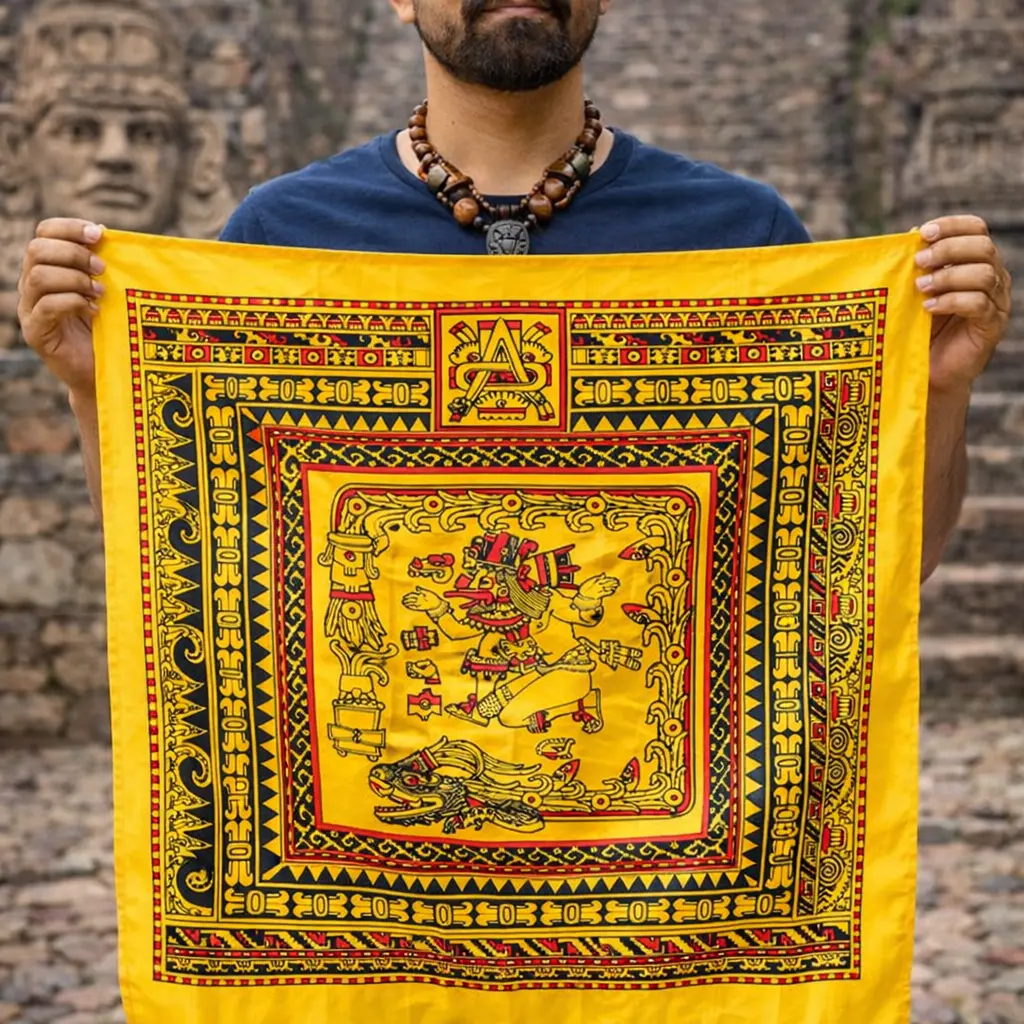 Aztec Allover Print Silk Bandana, 18-Inch Unisex Head Scarf with Quetzalcoatl & Tezcatlipoca Design, Lightweight Neck Accessory for Streetwear, Bandana Style, Allover Print Head Scarves, Engagement, Anniversary, Aztec Print