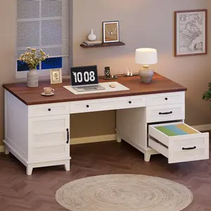 Garvee Executive Desk with File Drawers, Farmhouse Home Office Desk with Charging Station, 60 in Wooden Computer Desk with Cabinet Storage for Work Study Writing, White Walunt