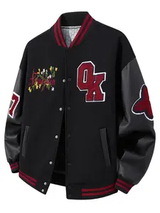 Men's Campus Baseball Jacket, Casual Coat, Embroidered Letters & Floral Patterns, Digital Sleeve Design, Perfect for Spring & Fall Seasons