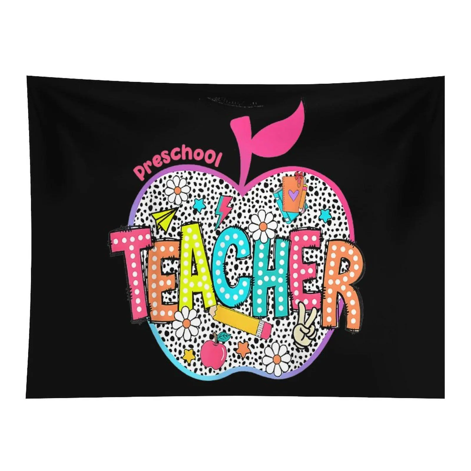 Black Background Color Polka Dot Apple Preschool Teacher Daisy Pencil Peace Sign Cute Elementary Educator Wall Tapestry For Classroom Nursery Decor