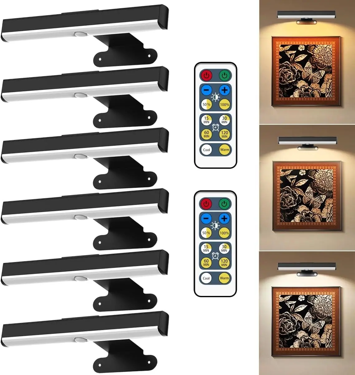 6Pack Wireless Picture Light for Wall Battery Operated Wall Sconces with Remote 3 Lighting LED Painting Light Timer&Dimmable Art Display Lights for Picture Gallery Posters Living Room Home Decor