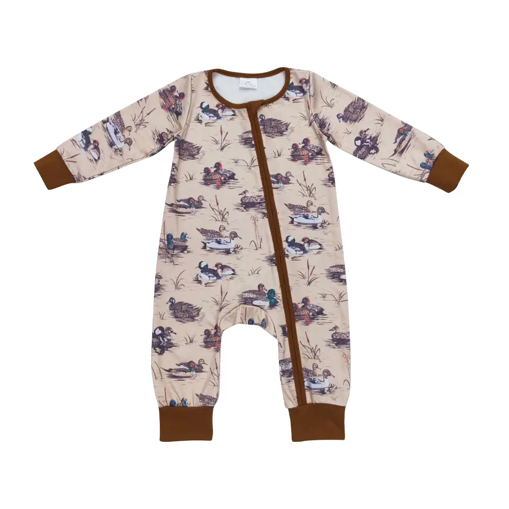 LR0667--baby clothes hunting mallarde ducks brown milk silk sleeper