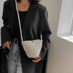 Crossbody Straw Bag Cotton Thread Woven Bag Mobile Phone Change Key Case Hollow Out Cutout Cotton Thread Woven Bag Casual Cute Women