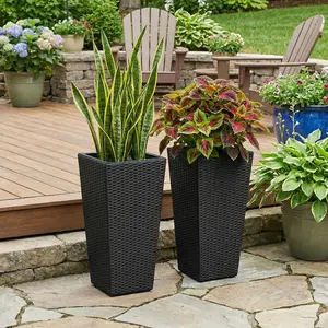 Set of 2 Tall Wicker Flower Pots, 30" High Tapered Outdoor Planters with Open-Ended Base, PE Rattan & Metal, 15" Square, 66 lb Capacity for Patio, Porch, Garden or Entryway